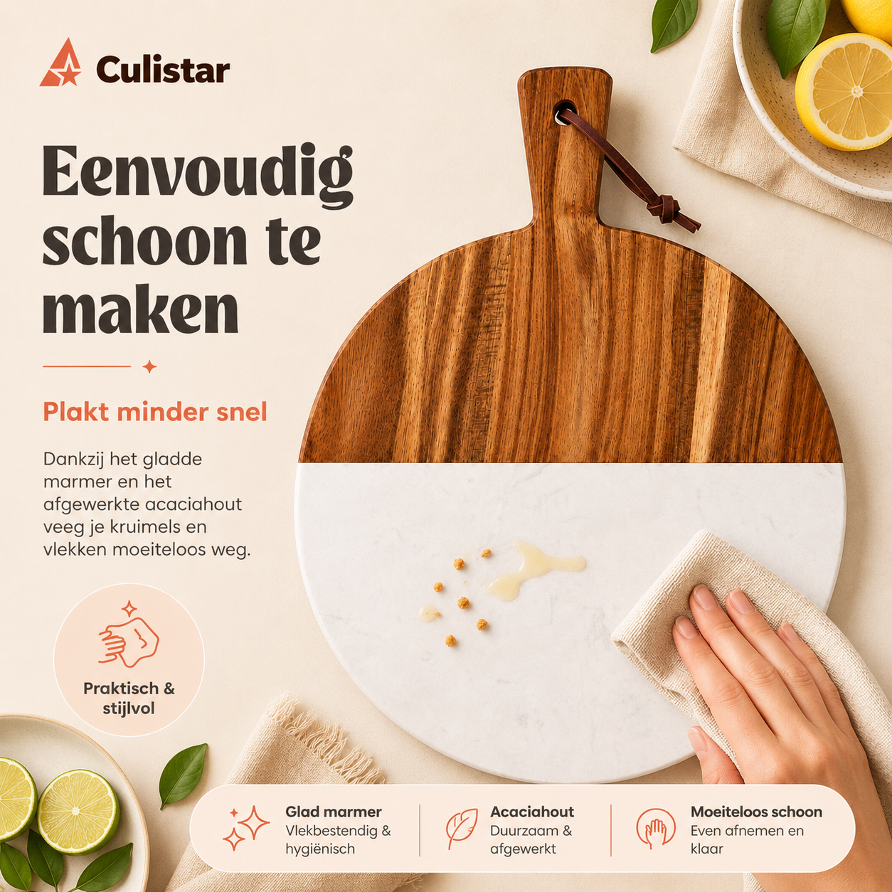 Ronde serveerplank – marmer en hout