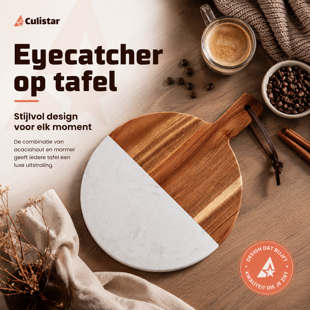 Ronde serveerplank – marmer en hout