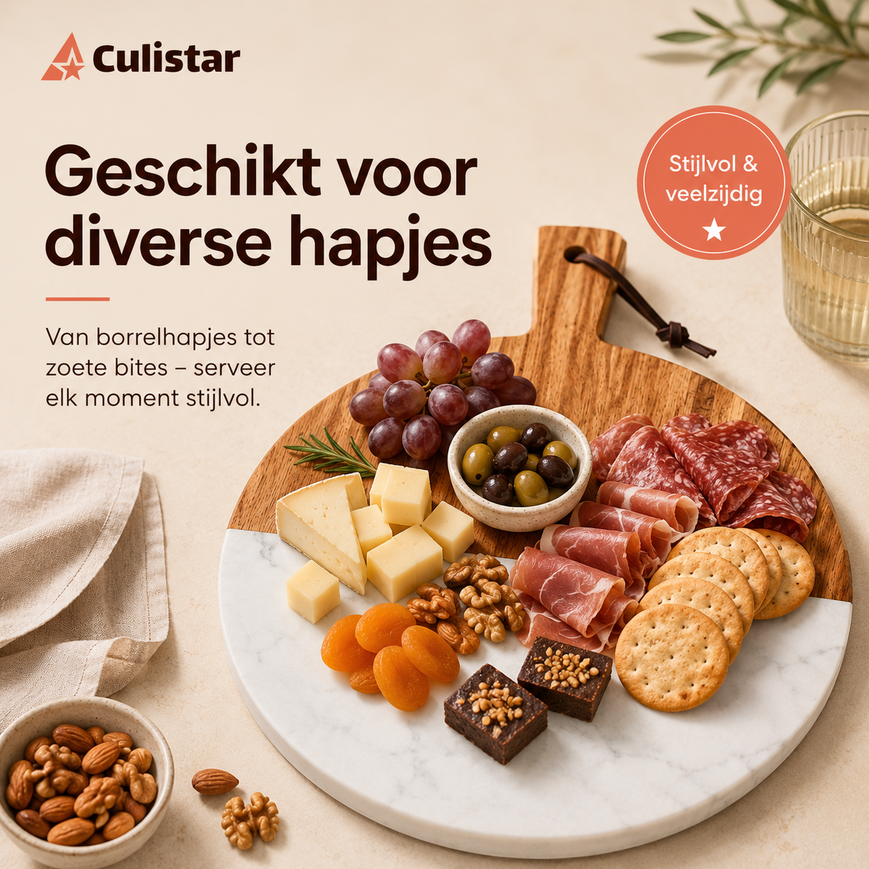 Ronde serveerplank – marmer en hout
