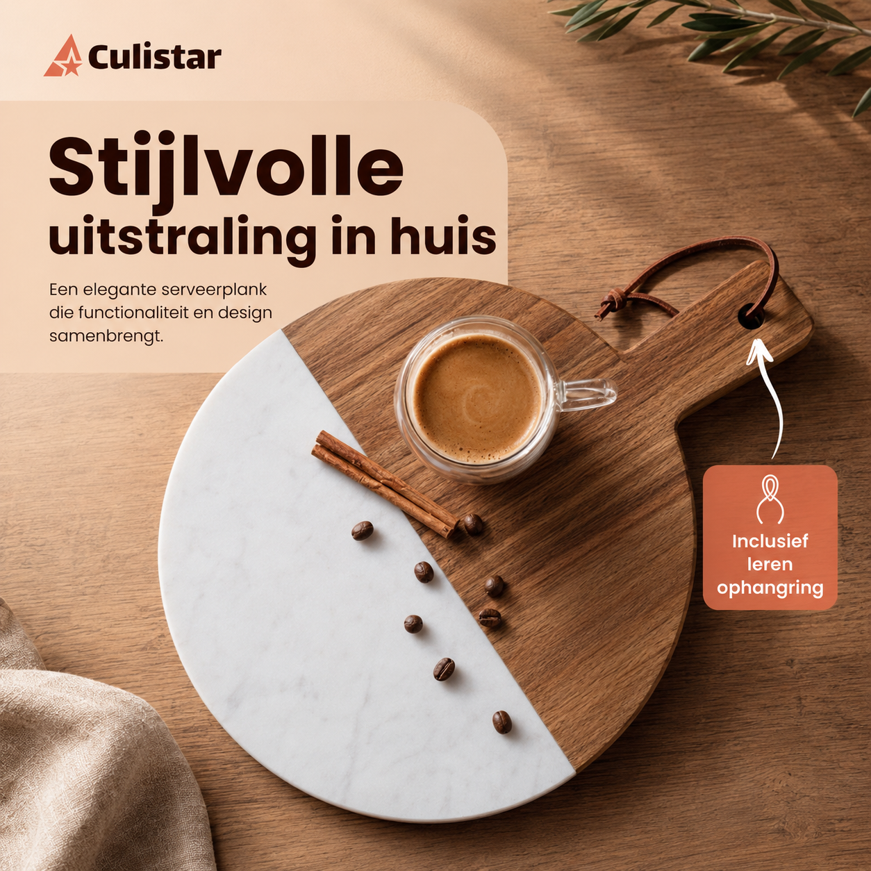 Ronde serveerplank – marmer en hout